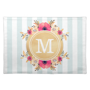 Mint Stripes Watercolor Flowers Faux Gold Monogram Placemat