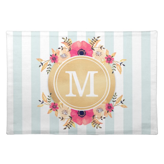 Mint Stripes Watercolor Flowers Faux Gold Monogram Placemat (Front)