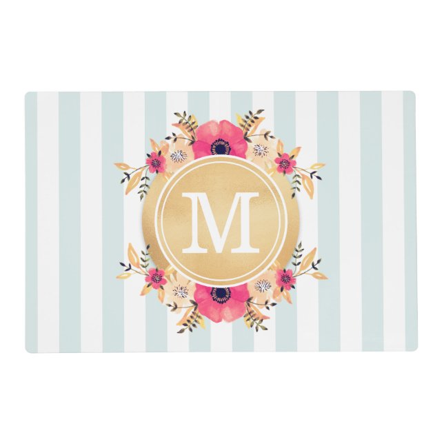 Mint Stripes Watercolor Flowers Faux Gold Monogram Placemat (Front)