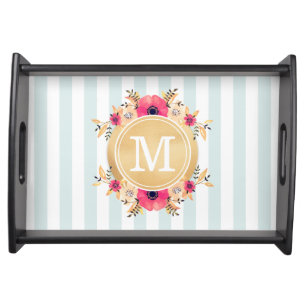Mint Stripes Watercolor Flowers Faux Gold Monogram Serving Tray