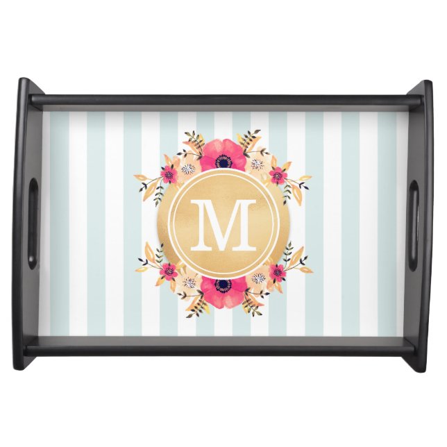 Mint Stripes Watercolor Flowers Faux Gold Monogram Serving Tray (Front)