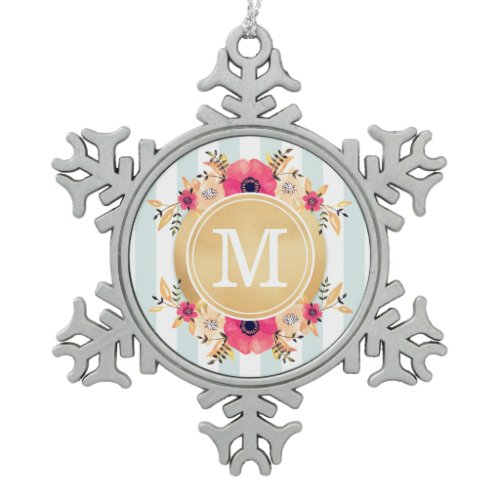 Mint Stripes Watercolor Flowers Faux Gold Monogram Snowflake Pewter Christmas Ornament