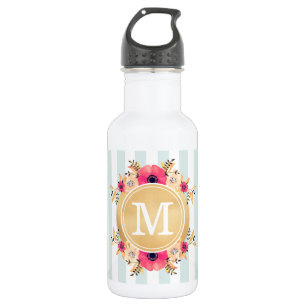 Mint Stripes Watercolor Flowers Faux Gold Monogram Stainless Steel Water Bottle