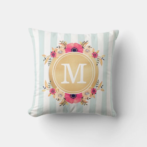 Mint Stripes Watercolor Flowers Faux Gold Monogram Throw Pillow