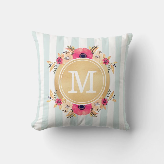 Mint Stripes Watercolor Flowers Faux Gold Monogram Throw Pillow (Front)