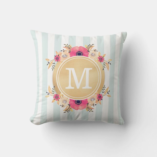 Mint Stripes Watercolor Flowers Faux Gold Monogram Throw Pillow (Front)