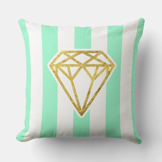 Mint Stripes with Gold Foil Diamond Throw Pillow (Front)