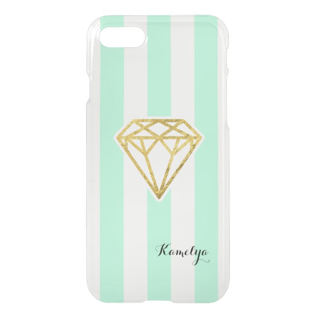 Mint Stripes with Gold Foil Diamond Uncommon iPhone Case (Back)