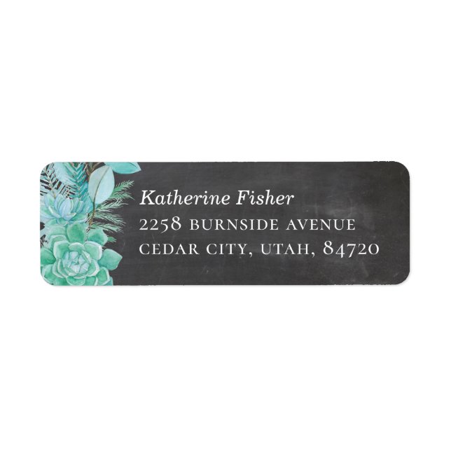 Mint succulents. Chalkboard wedding cactus address Label (Front)