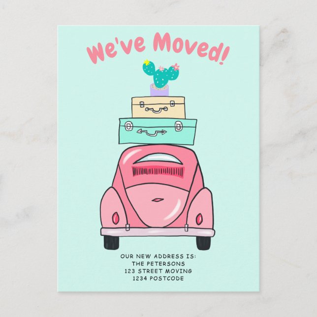 Mint suitcase car illustration moving announcement postcard (Front)