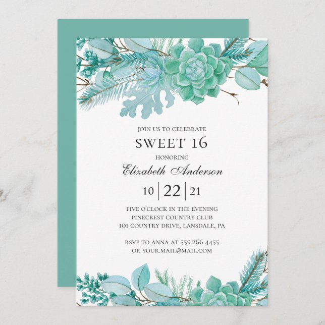 Mint Sweet 16. Watercolor succulents 16th birthday Invitation (Front/Back)