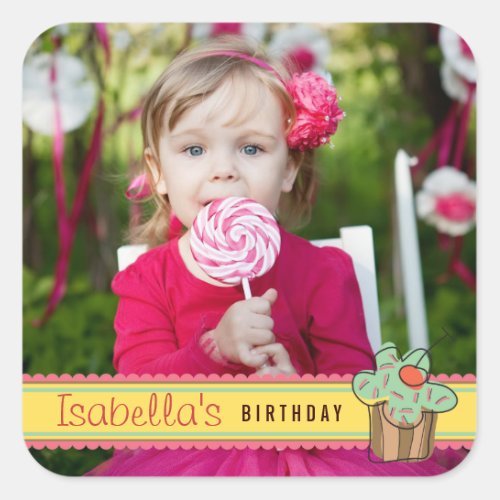 Mint Sweet Cherry Cupcake Photo Birthday Sticker