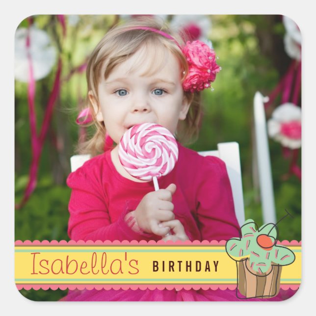 Mint Sweet Cherry Cupcake Photo Birthday Sticker (Front)