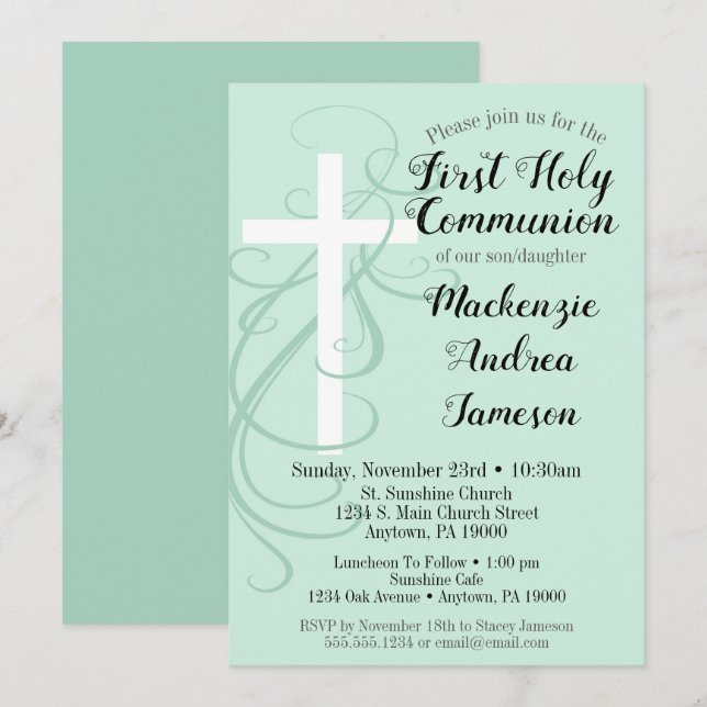 Mint Swirl Cross First Holy Communion Invitation (Front/Back)