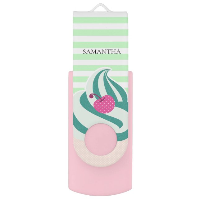 Mint Swirl Ice Cream Striped Personalised Flash Drive (Front Vertical)