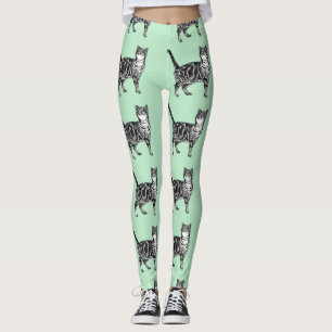 Mint Tabby Cat Animal Black and White Leggings