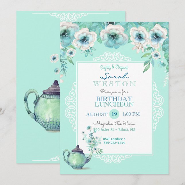 Mint Tea Teapot Watercolor Flowers Invitation (Front/Back)
