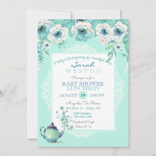 Mint Tea Teapot Watercolor Flowers Invitation (Front)
