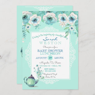 Mint Tea Teapot Watercolor Flowers Invitation