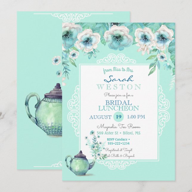Mint Tea Teapot Watercolor Flowers Invitation (Front/Back)