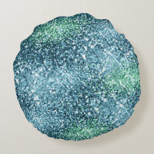 Mint Teal Aqua Sparkle Mermaid Glitter Round Pillow