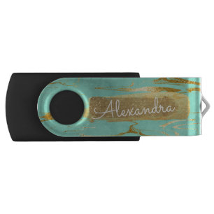 Mint Teal Blue Marble with Gold Foil and Glitter USB Flash Drive