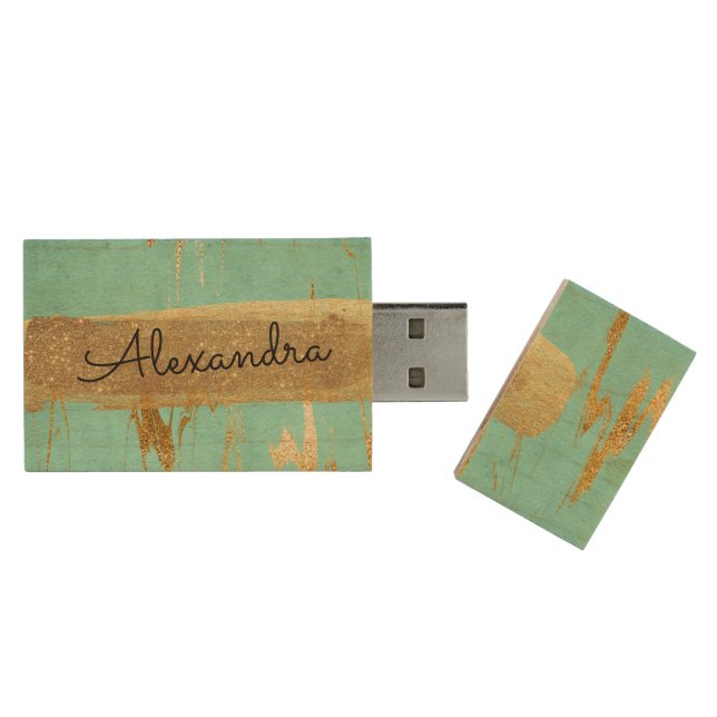 Mint Teal Blue Marble with Gold Foil and Glitter Wood USB Flash Drive (Opened)