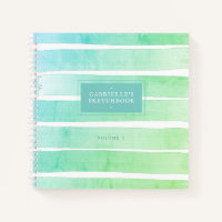Mint Teal Blue Sketchbook Ombre Stripes with Name