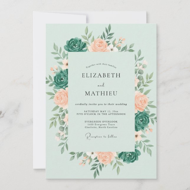 Mint Teal Botanical Romantic Wedding Invitation (Front)