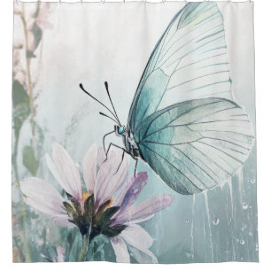 Mint Teal Butterfly Soft Pastel Floral Shower Curtain