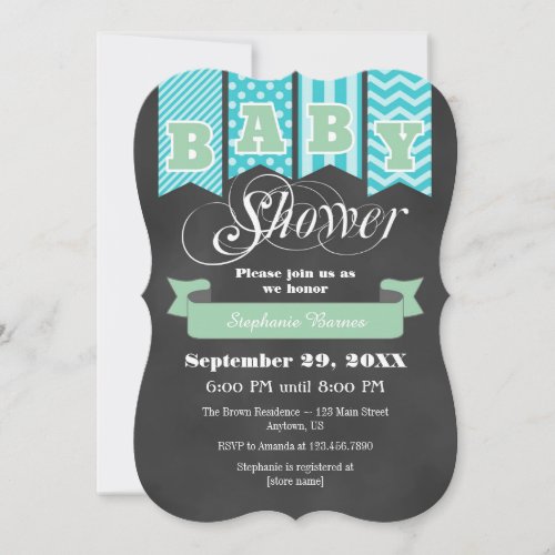 Mint Teal Chalkboard Flag Baby Shower Invite
