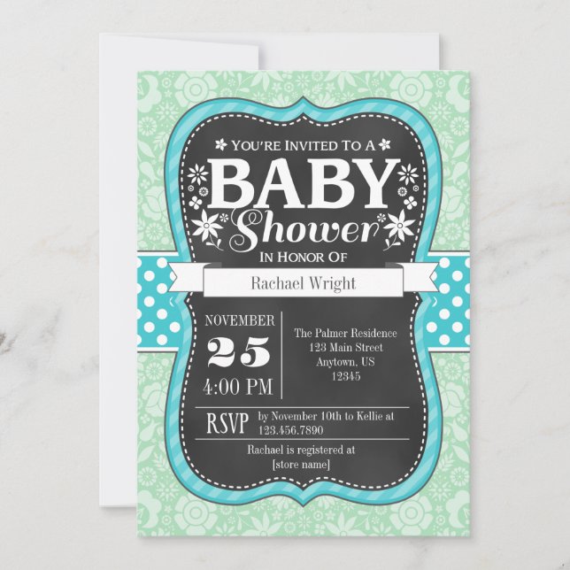 Mint Teal Chalkboard Floral Baby Shower Invite (Front)
