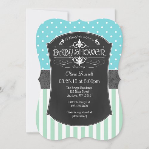 Mint Teal Chalkboard Stripes Baby Shower Invite