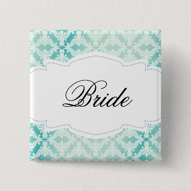 Mint & Teal Damask Bride Pinback Button (Front)