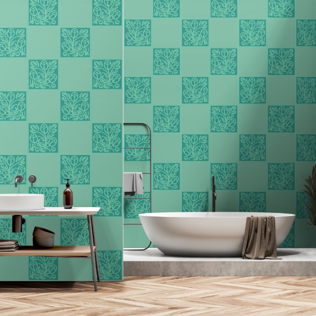 Mint teal flora tiled  wallpaper  (Bathroom)