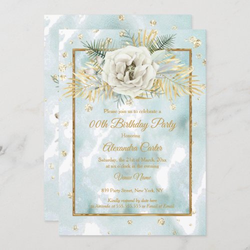 Mint Teal Gold marble Rose Floral Birthday Party Invitation