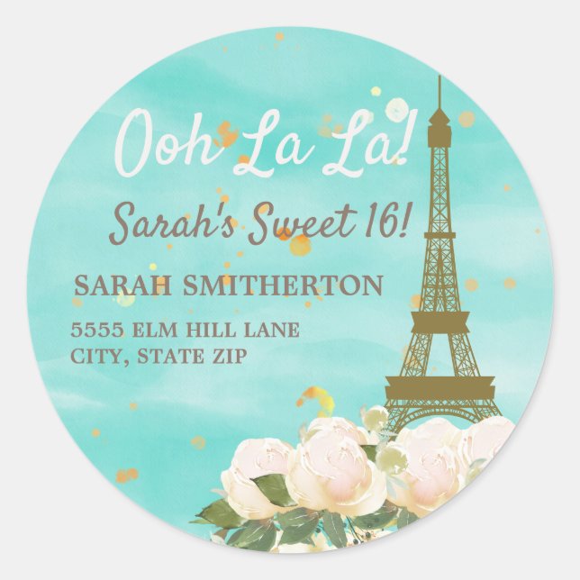 Mint Teal Gold Paris Eiffel Tower Sweet 16 Address Classic Round Sticker (Front)
