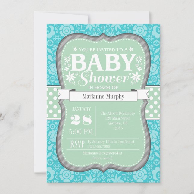 Mint Teal Gray Floral Flower Baby Shower Invite (Front)