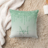 Mint Teal Green Glitter Drips Glam Monogram Script Throw Pillow (Blanket)