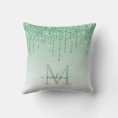 Mint Teal Green Glitter Drips Glam Monogram Script Throw Pillow (Back)