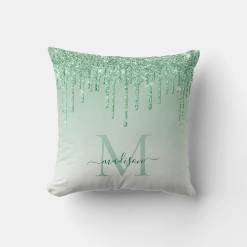 Mint Teal Green Glitter Drips Glam Monogram Script Throw Pillow