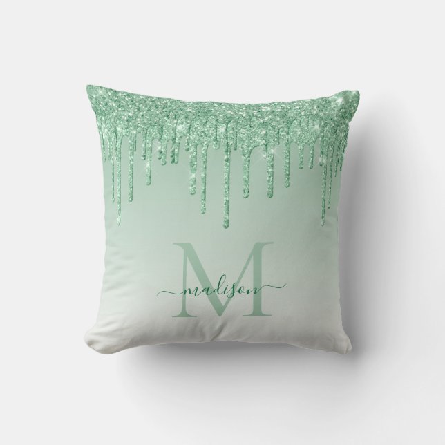 Mint Teal Green Glitter Drips Glam Monogram Script Throw Pillow (Front)