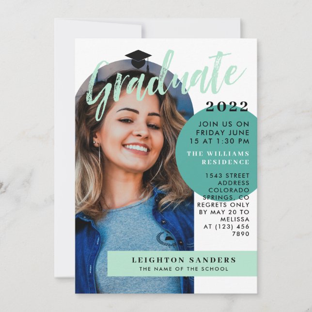 Mint & Teal Retro Arch Photo Graduation Invitation (Front)