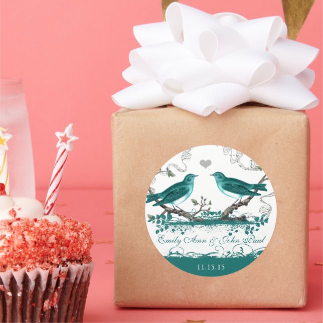 Mint Teal Romantic Rustic Love Bird Wedding Classic Round Sticker (Party)