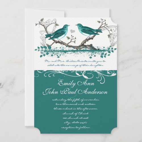 Mint Teal Romantic Rustic Love Bird Wedding Invitation