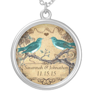 Mint Teal Romantic Rustic Lovebird Wedding Silver Plated Necklace