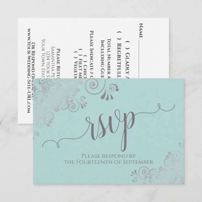 Mint Teal Silver Lace Elegant Calligraphy Wedding RSVP Card (Front/Back)