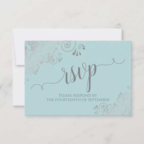Mint Teal Silver Lace Elegant Calligraphy Wedding RSVP Card