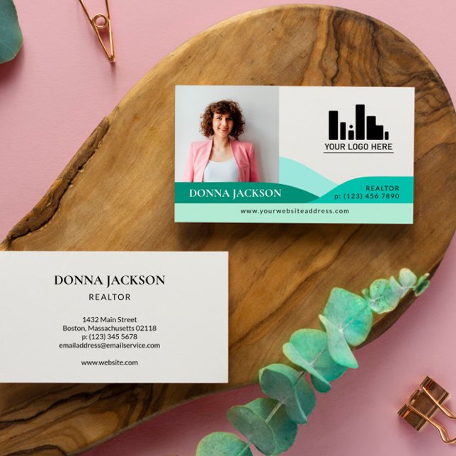 Mint & Teal Slopes Realtor Photo & Logo Business Card (Creator Uploaded)