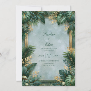 Mint Textured Gilded Tropical Border Wedding Invitation